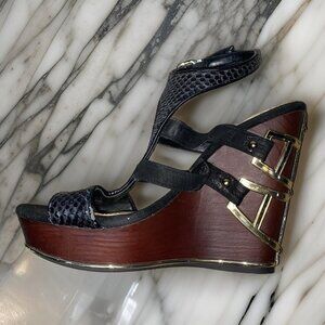 Gianni Bini Wedge Sandals Wood/black/gold Heels Size 6